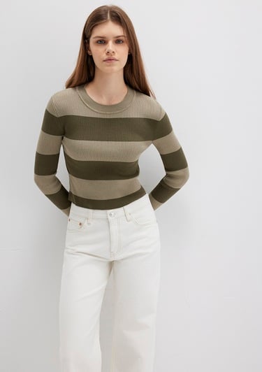  Mavi Blok Renkli Haki Kazak Crop / Kısa Kesim 1710724-90943