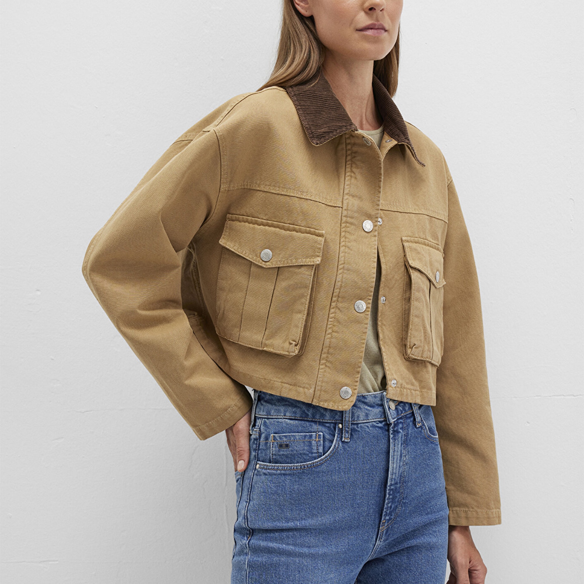 Mavi Kadife Yakalı Kahverengi Ceket Loose Fit / Bol Rahat Kesim 1110739-81388