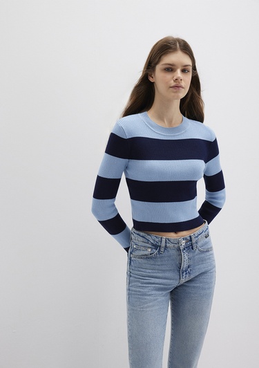  Mavi Blok Renkli Mavi Kazak Crop / Kısa Kesim 1710724-90702