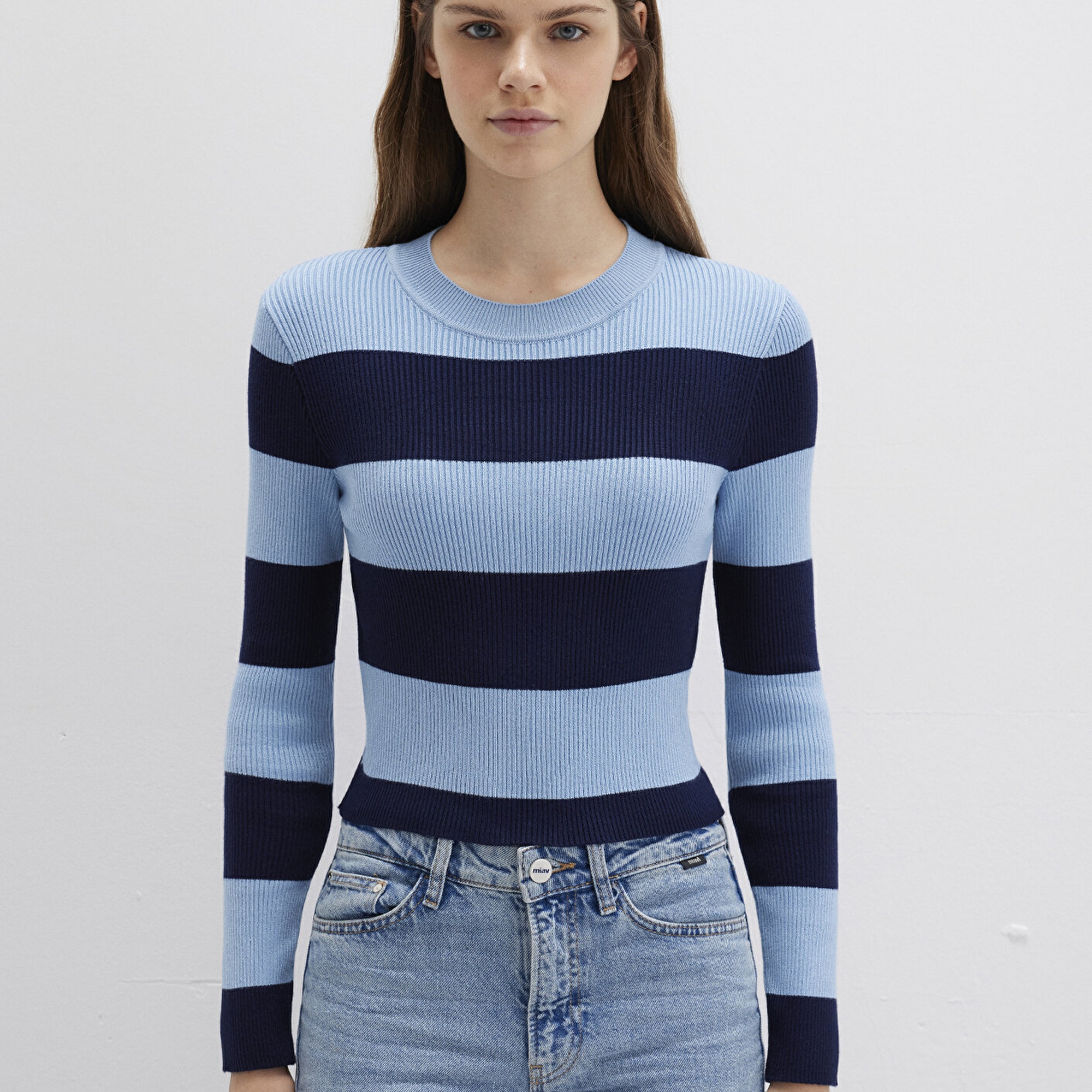 Mavi Blok Renkli Mavi Kazak Crop / Kısa Kesim 1710724-90702