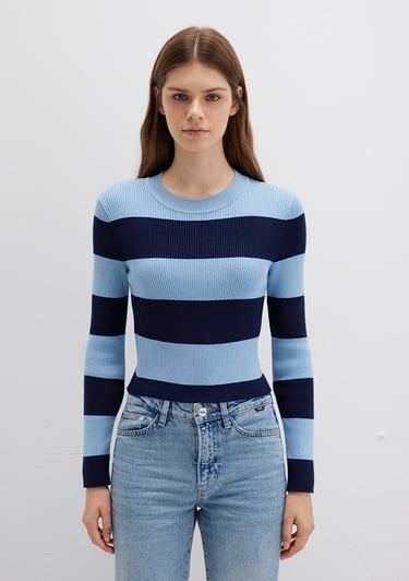  Mavi Blok Renkli Mavi Kazak Crop / Kısa Kesim 1710724-90702