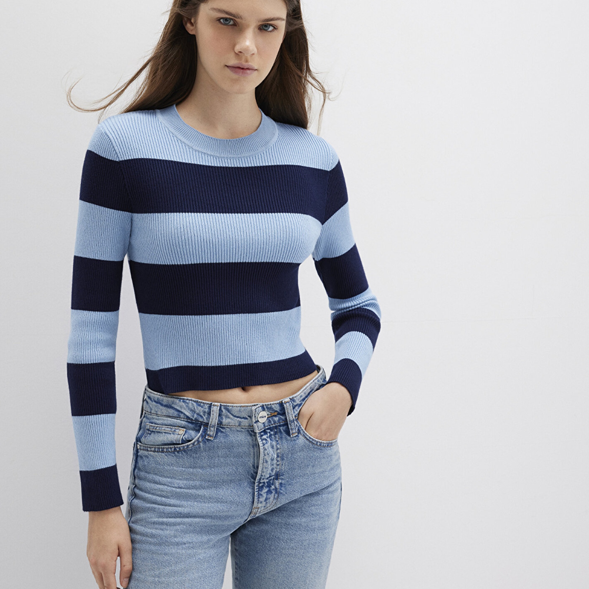 Mavi Blok Renkli Mavi Kazak Crop / Kısa Kesim 1710724-90702