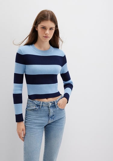  Mavi Blok Renkli Mavi Kazak Crop / Kısa Kesim 1710724-90702