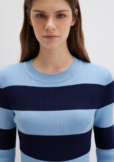  Mavi Blok Renkli Mavi Kazak Crop / Kısa Kesim 1710724-90702