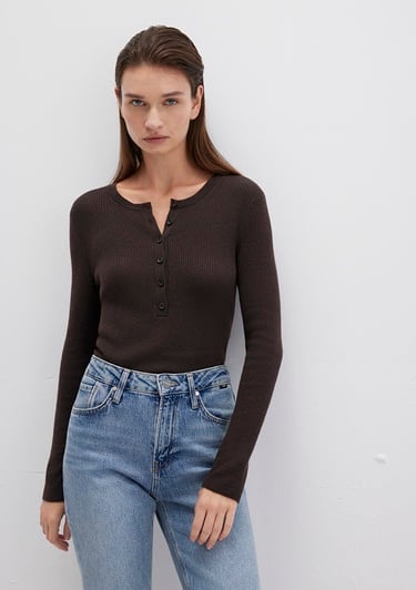  Mavi Düğme Detaylı Kahverengi Kazak Fitted / Vücuda Oturan Kesim 1710730-90704