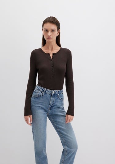  Mavi Düğme Detaylı Kahverengi Kazak Fitted / Vücuda Oturan Kesim 1710730-90704