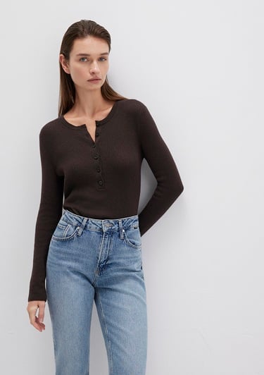  Mavi Düğme Detaylı Kahverengi Kazak Fitted / Vücuda Oturan Kesim 1710730-90704