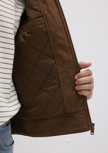  Mavi Yaka Detaylı Kahverengi Suni Süet Ceket Regular Fit / Normal Kesim 0110638-70378