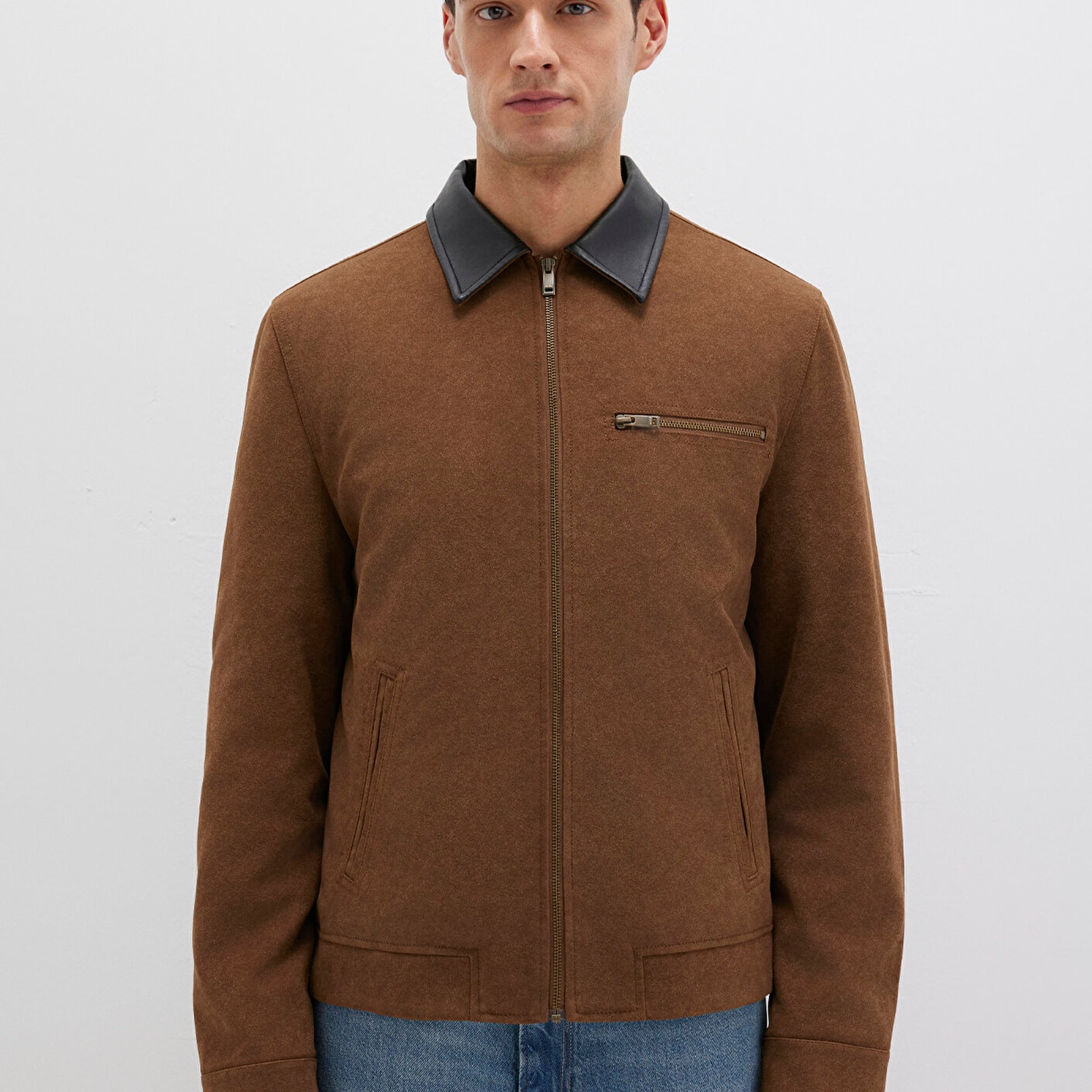 Mavi Yaka Detaylı Kahverengi Suni Süet Ceket Regular Fit / Normal Kesim 0110638-70378