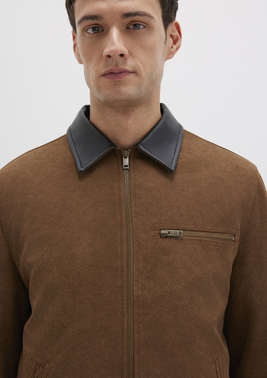  Mavi Yaka Detaylı Kahverengi Suni Süet Ceket Regular Fit / Normal Kesim 0110638-70378