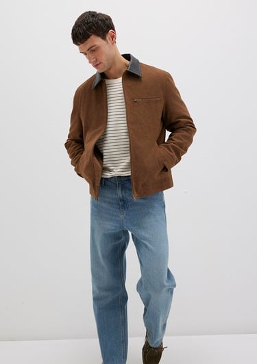  Mavi Yaka Detaylı Kahverengi Suni Süet Ceket Regular Fit / Normal Kesim 0110638-70378