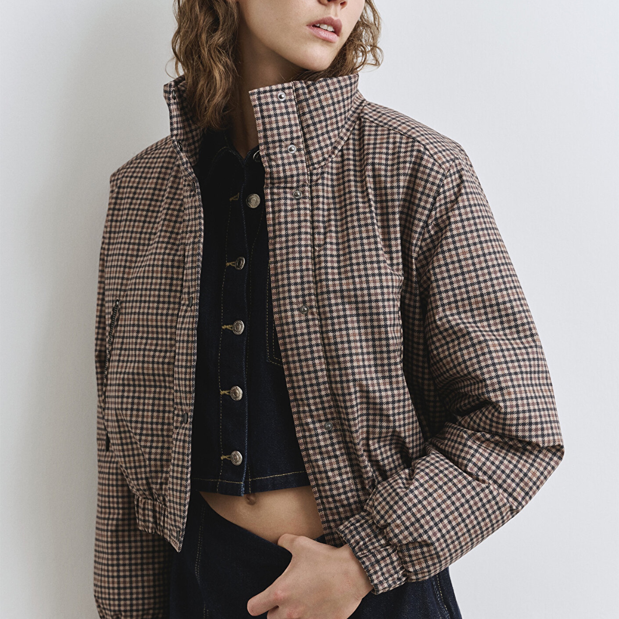 Mavi Kahverengi Kareli Şişme Mont 1110269-90373