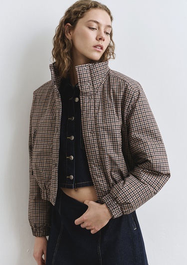  Mavi Kahverengi Kareli Şişme Mont 1110269-90373