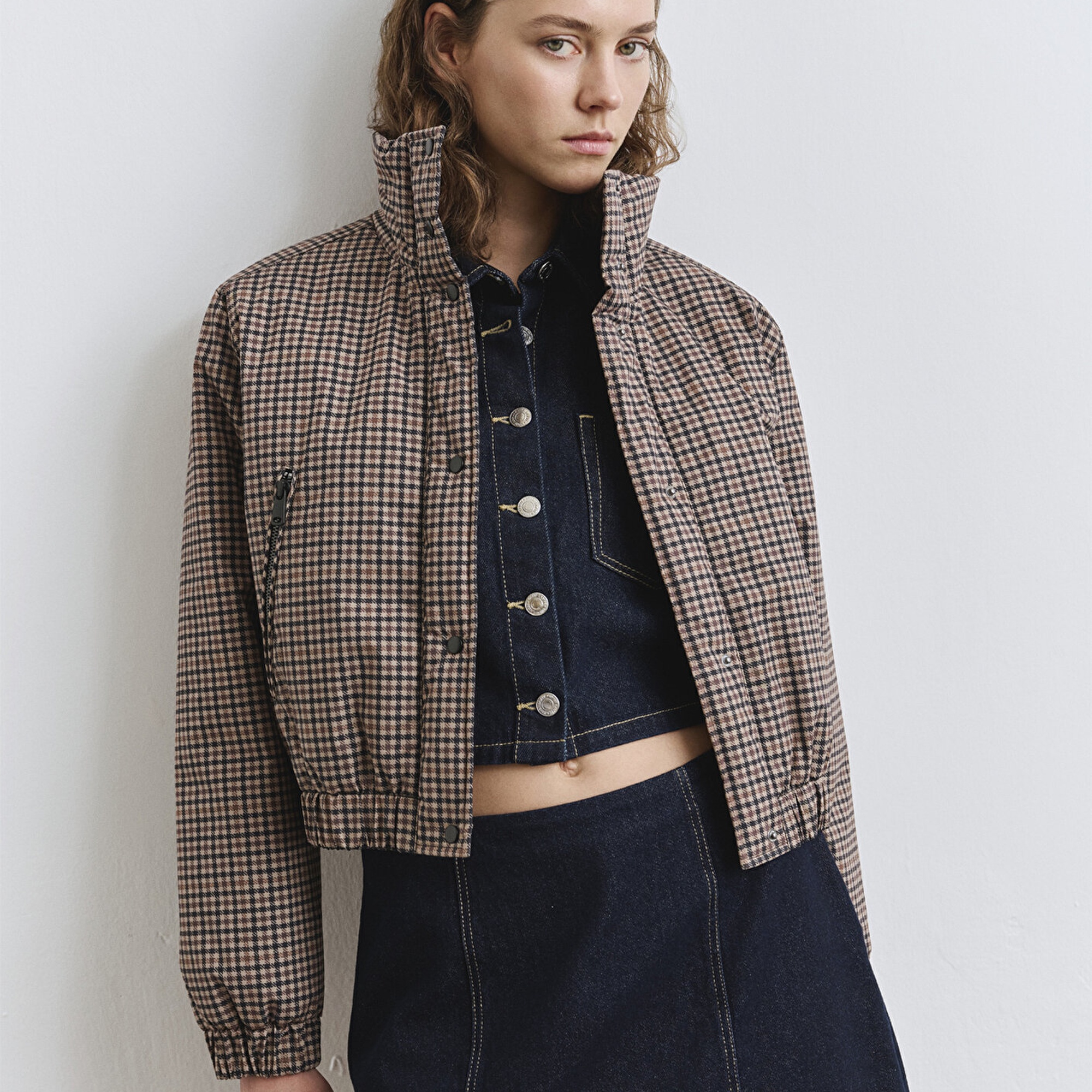 Mavi Kahverengi Kareli Şişme Mont 1110269-90373