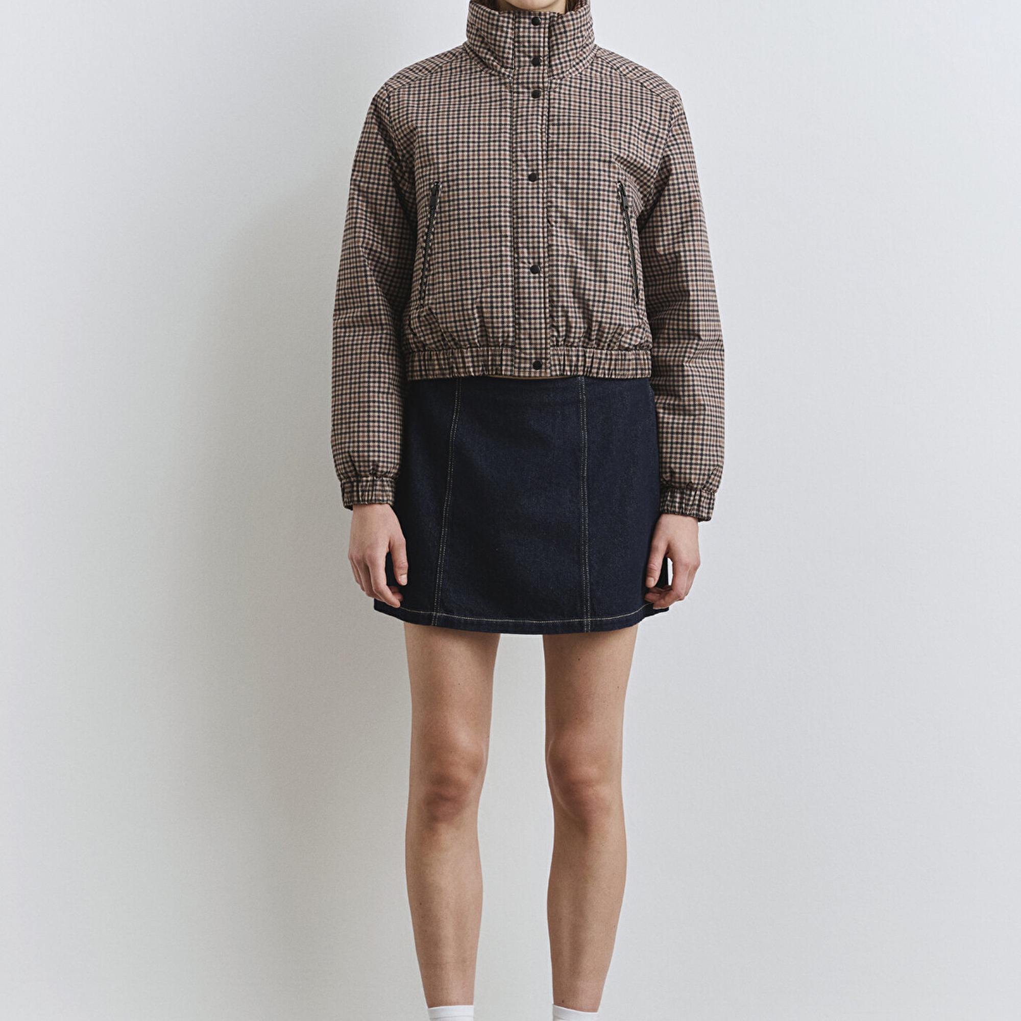 Mavi Kahverengi Kareli Şişme Mont 1110269-90373