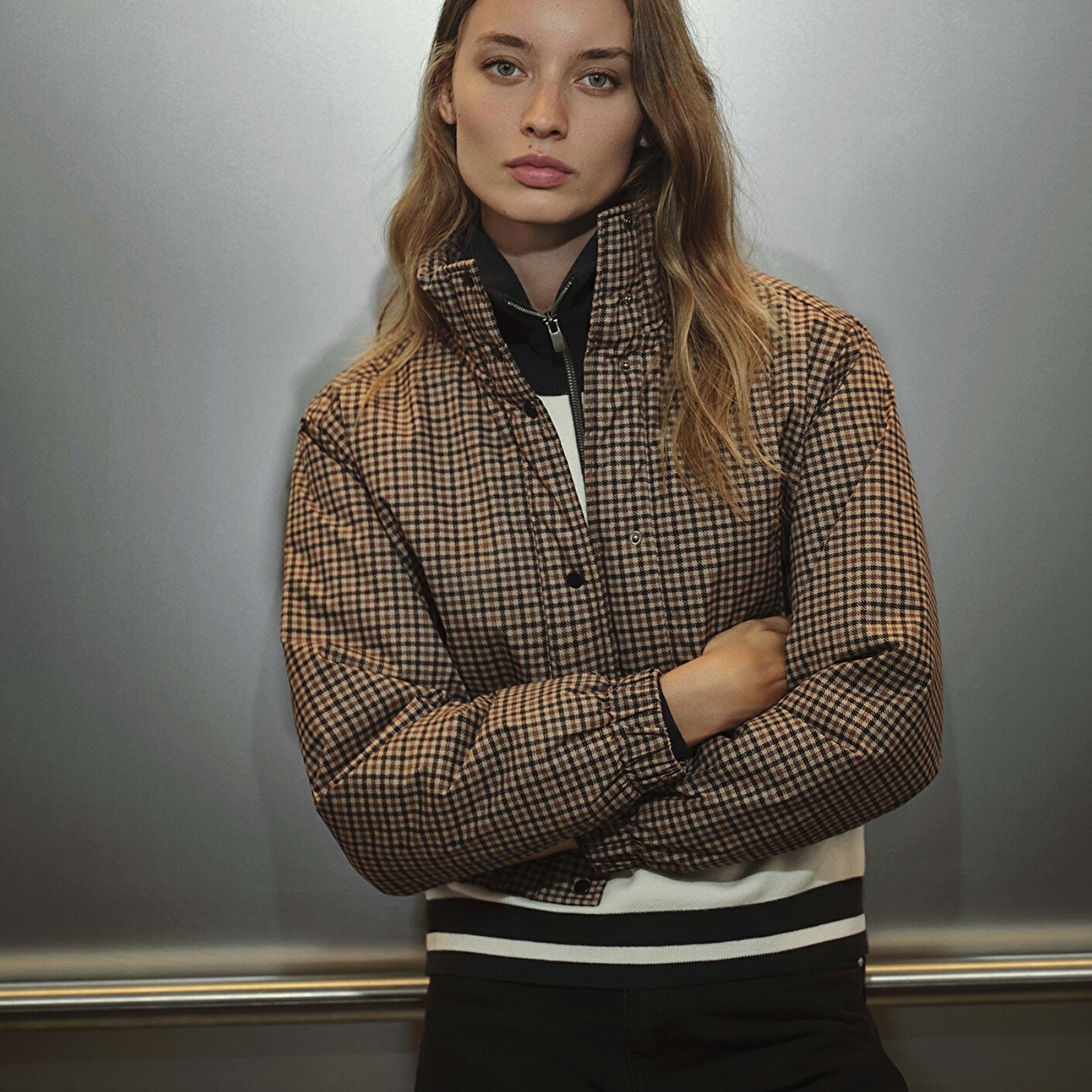 Mavi Kahverengi Kareli Şişme Mont 1110269-90373