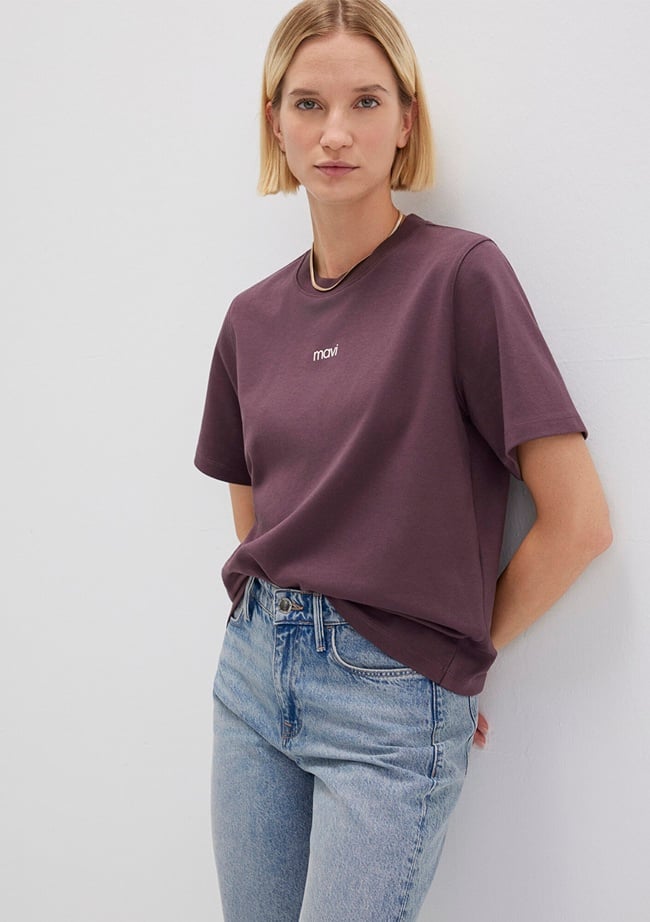  Mavi Logo Baskılı Bordo Tişört Loose Fit / Bol Rahat Kesim 1612829-70260