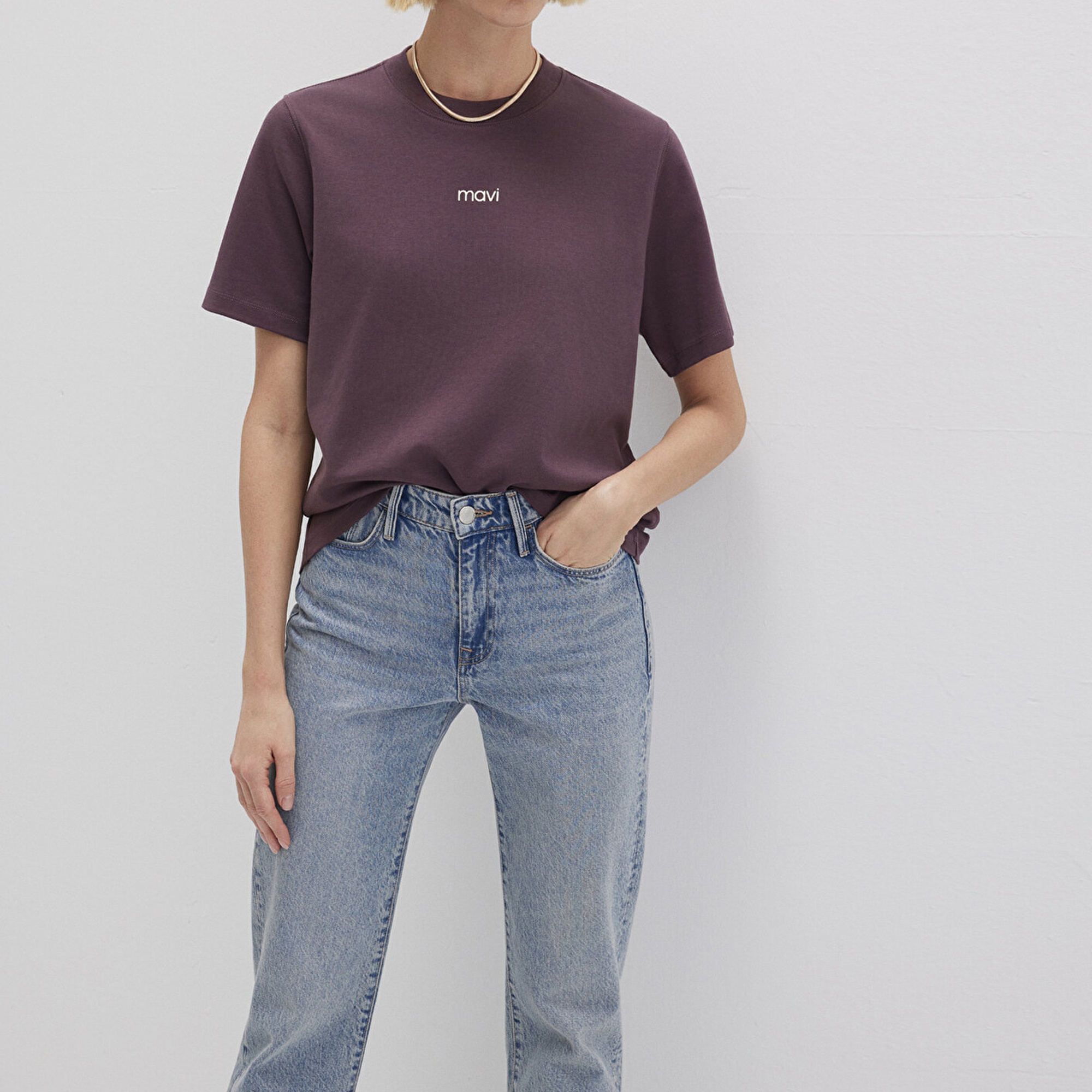 Mavi Logo Baskılı Bordo Tişört Loose Fit / Bol Rahat Kesim 1612829-70260