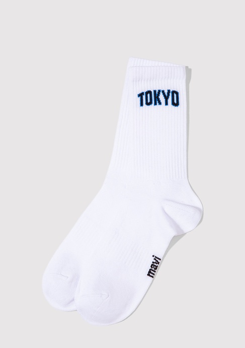  Mavi Tokyo Baskılı Beyaz Soket Çorap 0911967-620