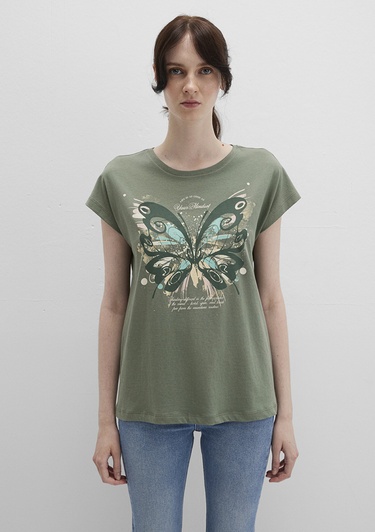  Mavi Kelebek Baskılı Yeşil Tişört Regular Fit / Normal Kesim 1613461-71841