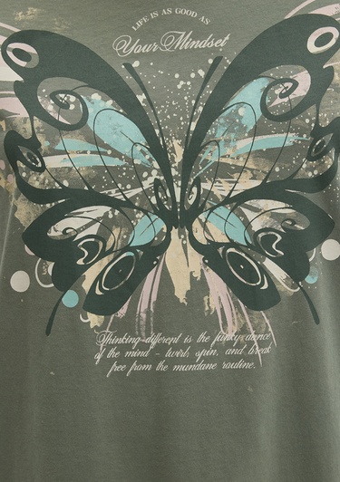  Mavi Kelebek Baskılı Yeşil Tişört Regular Fit / Normal Kesim 1613461-71841