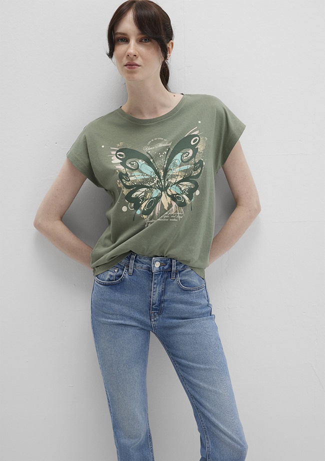  Mavi Kelebek Baskılı Yeşil Tişört Regular Fit / Normal Kesim 1613461-71841