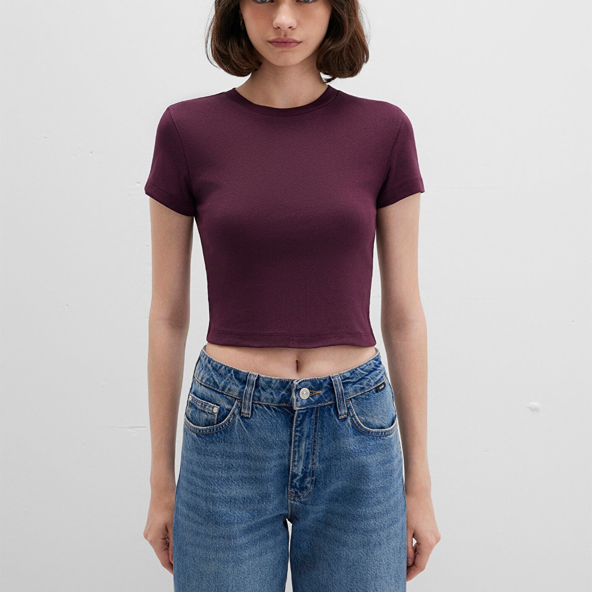 Mavi Bordo Basic Crop Tişört Crop / Kısa Kesim 1600814-70434