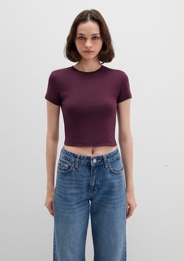  Mavi Bordo Basic Crop Tişört Crop / Kısa Kesim 1600814-70434