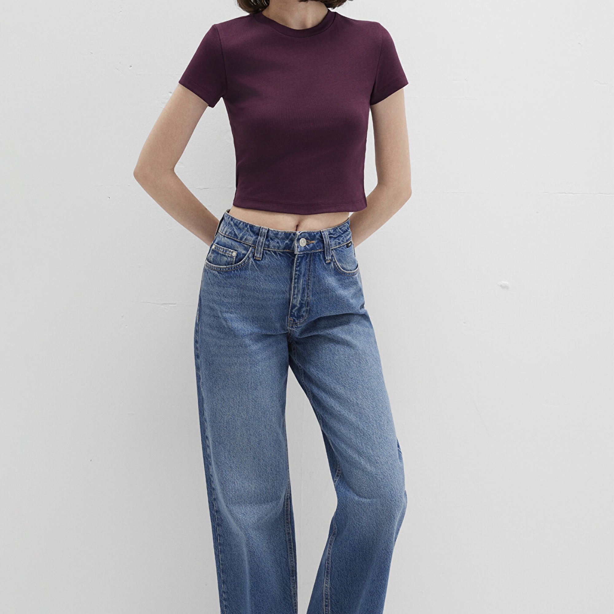 Mavi Bordo Basic Crop Tişört Crop / Kısa Kesim 1600814-70434