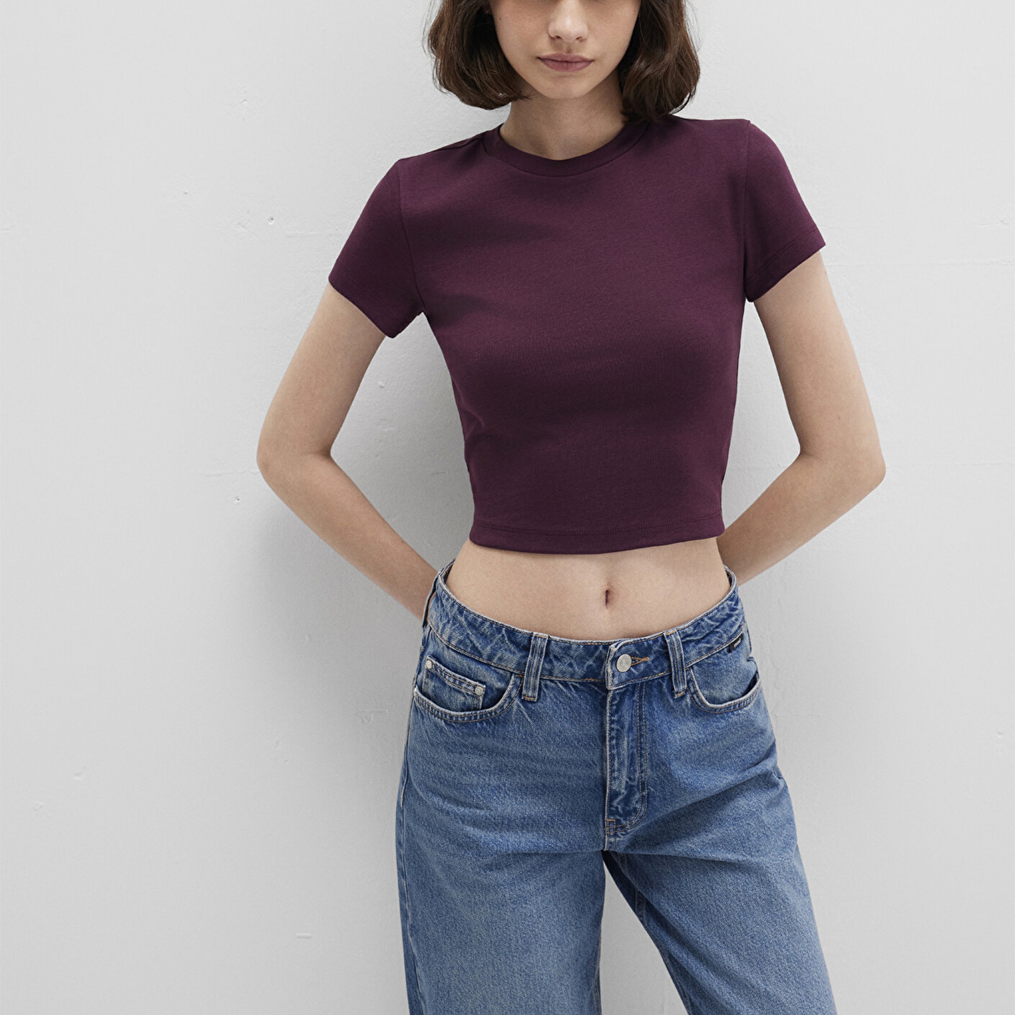 Mavi Bordo Basic Crop Tişört Crop / Kısa Kesim 1600814-70434