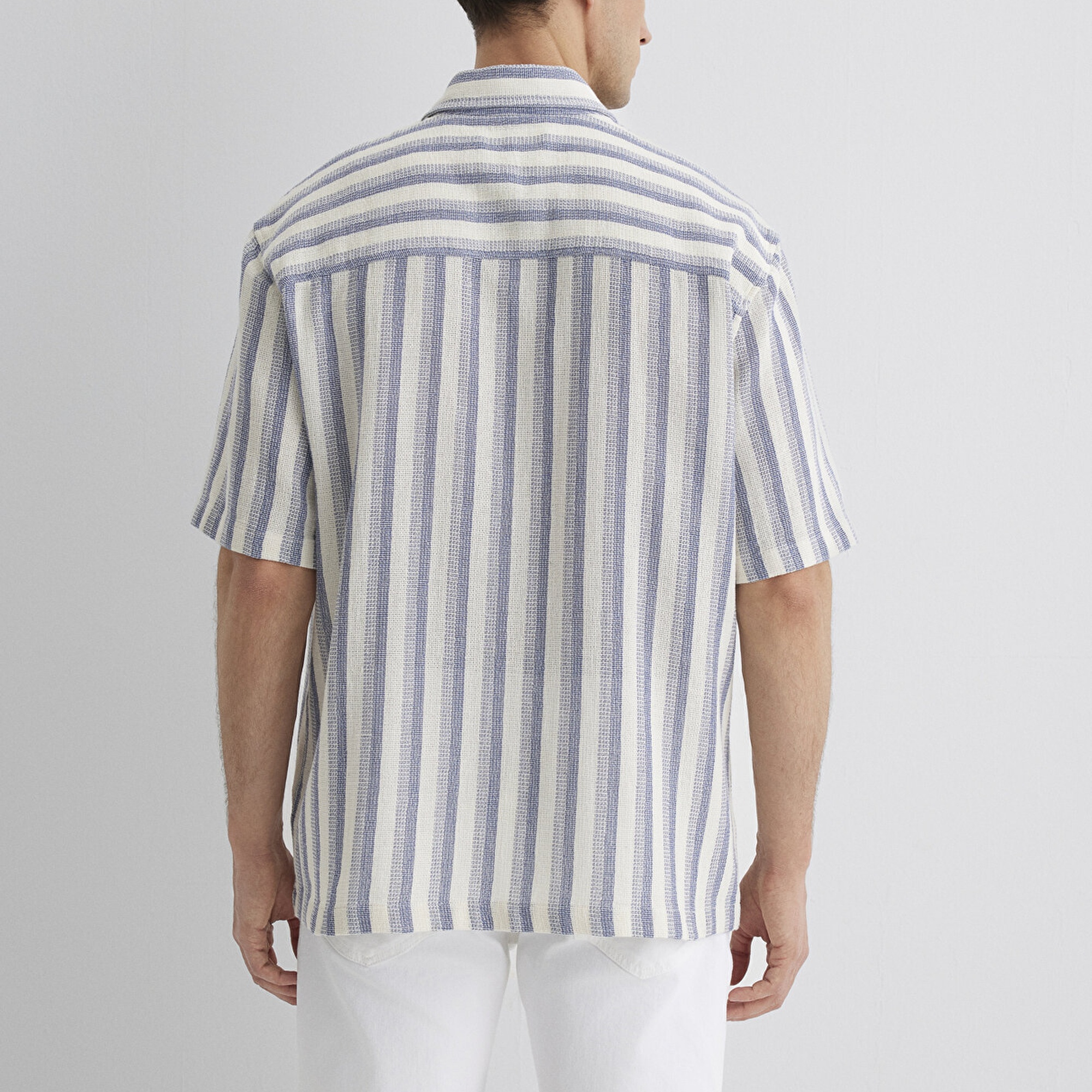 Mavi Çizgili Ekru Gömlek Loose Fit / Bol Rahat Kesim 0211540-70055