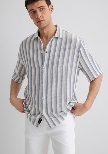  Mavi Çizgili Ekru Gömlek Loose Fit / Bol Rahat Kesim 0211540-70055