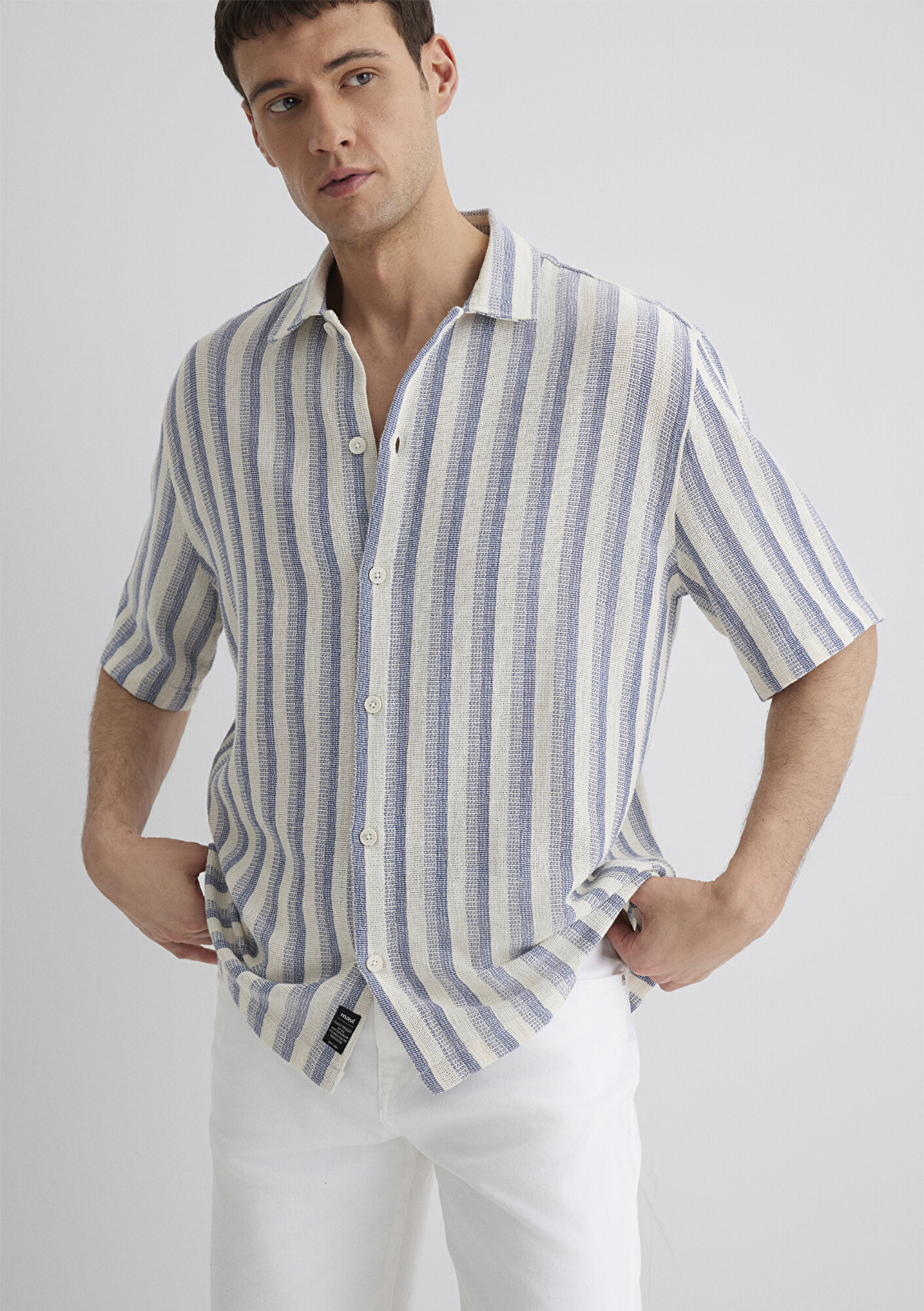  Mavi Çizgili Ekru Gömlek Loose Fit / Bol Rahat Kesim 0211540-70055