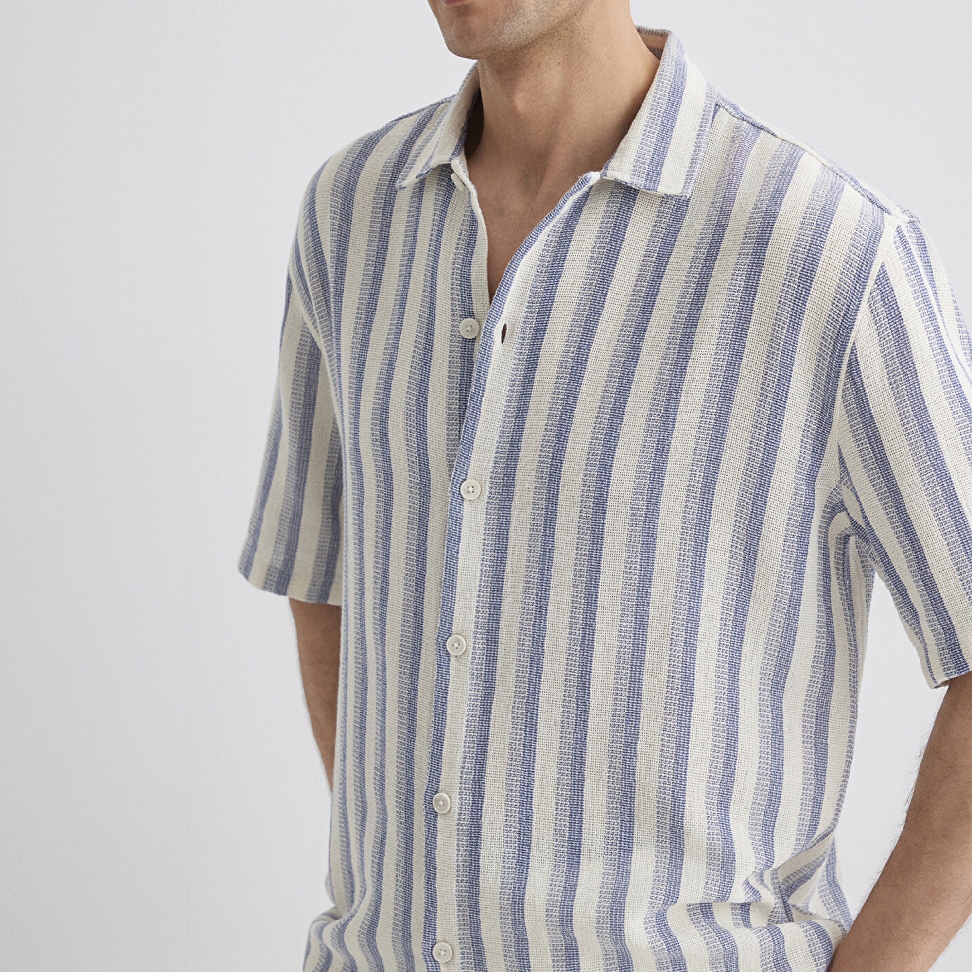 Mavi Çizgili Ekru Gömlek Loose Fit / Bol Rahat Kesim 0211540-70055