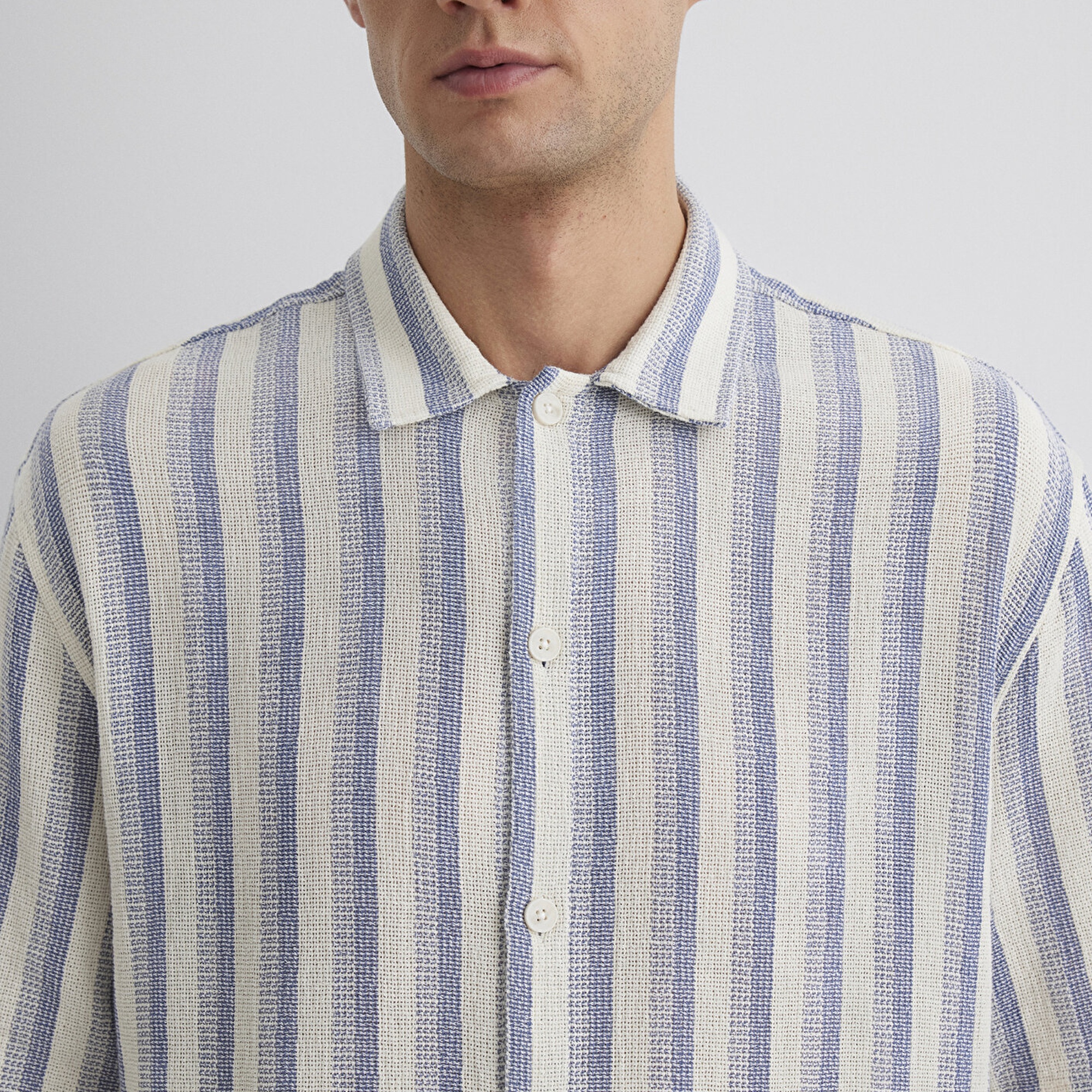 Mavi Çizgili Ekru Gömlek Loose Fit / Bol Rahat Kesim 0211540-70055