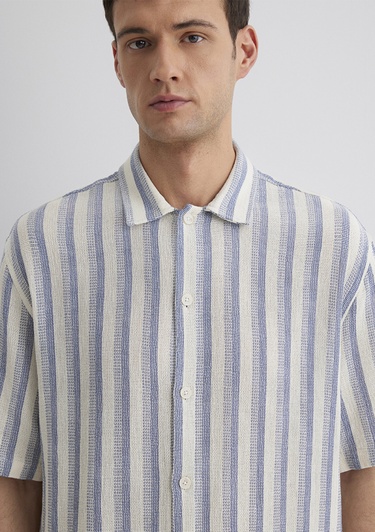  Mavi Çizgili Ekru Gömlek Loose Fit / Bol Rahat Kesim 0211540-70055