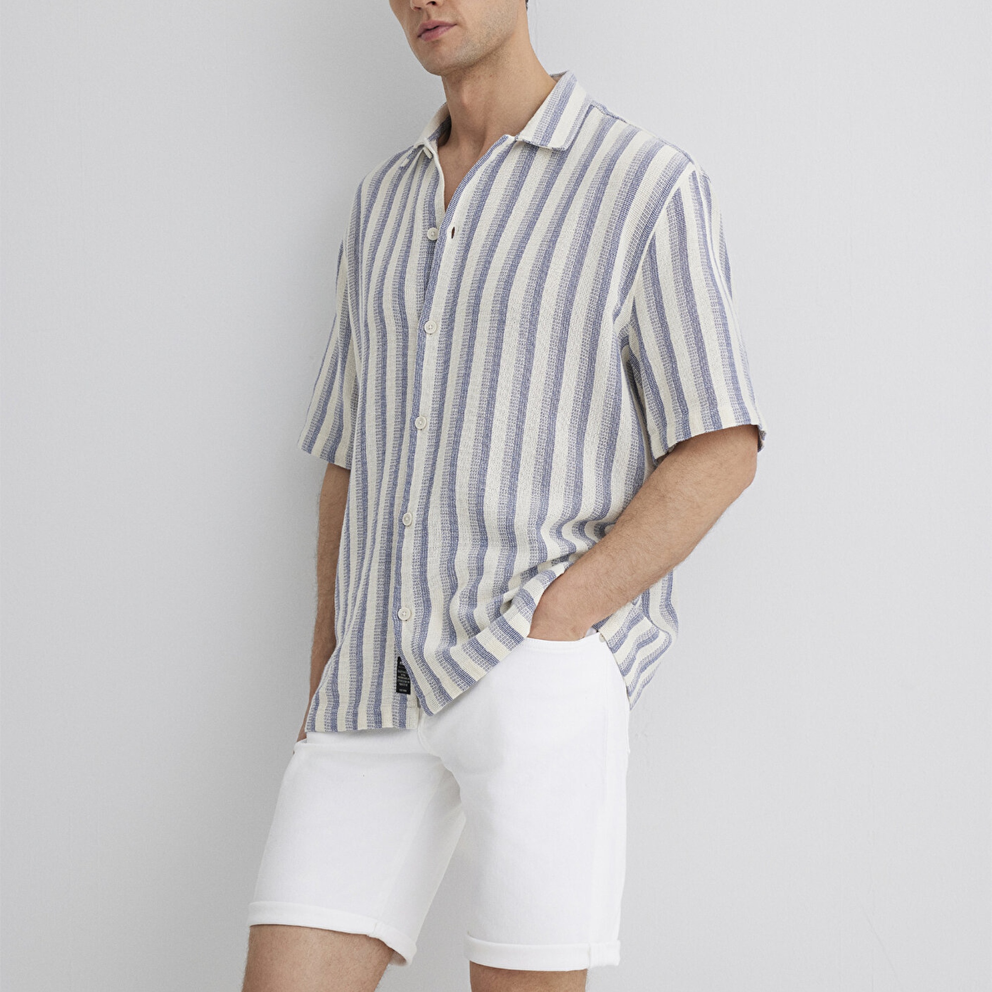 Mavi Çizgili Ekru Gömlek Loose Fit / Bol Rahat Kesim 0211540-70055