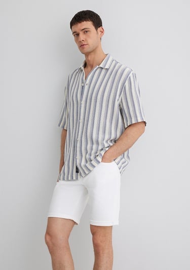  Mavi Çizgili Ekru Gömlek Loose Fit / Bol Rahat Kesim 0211540-70055