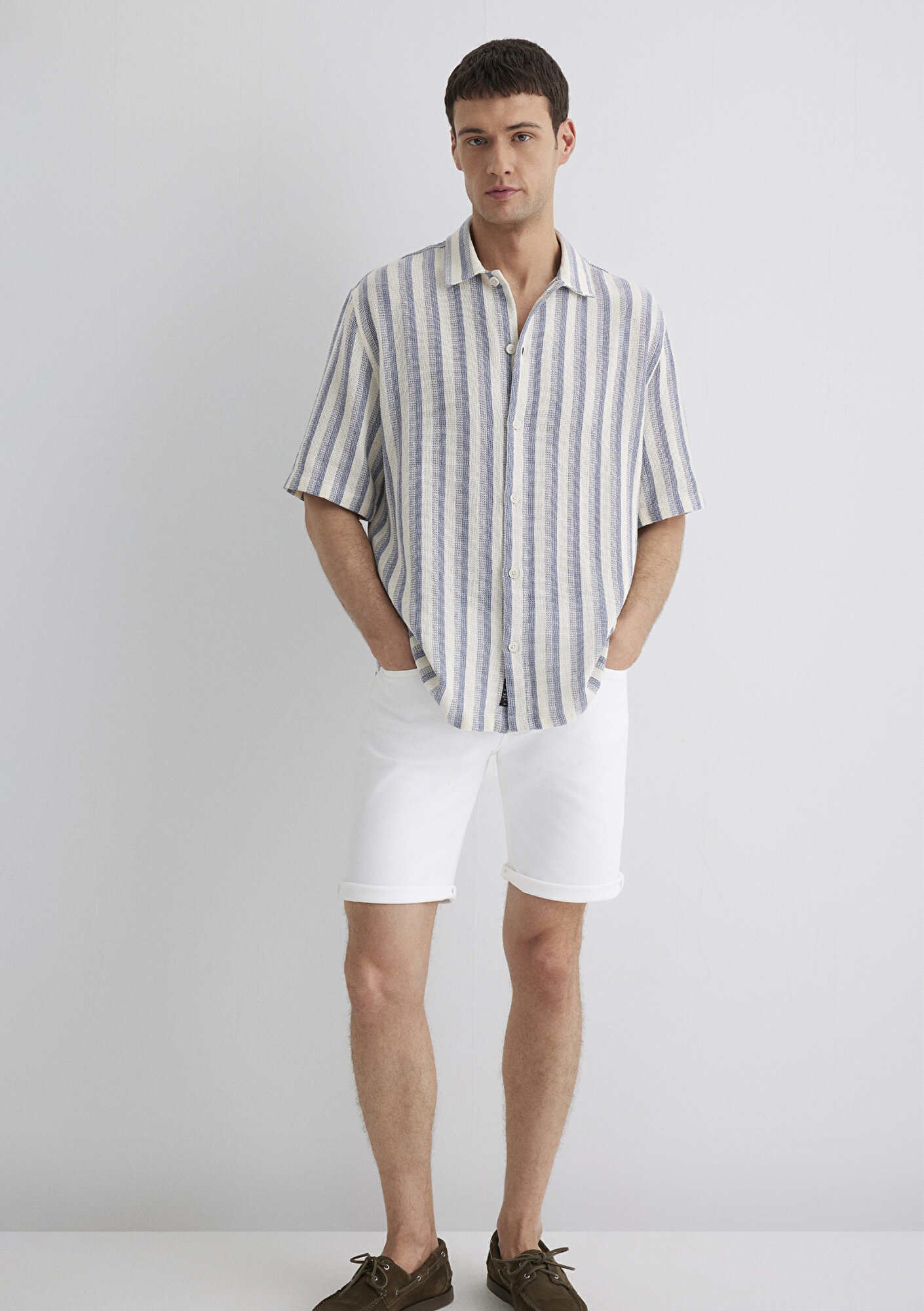 Mavi Çizgili Ekru Gömlek Loose Fit / Bol Rahat Kesim 0211540-70055