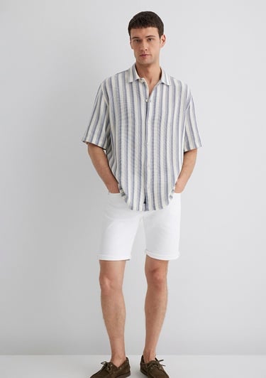  Mavi Çizgili Ekru Gömlek Loose Fit / Bol Rahat Kesim 0211540-70055