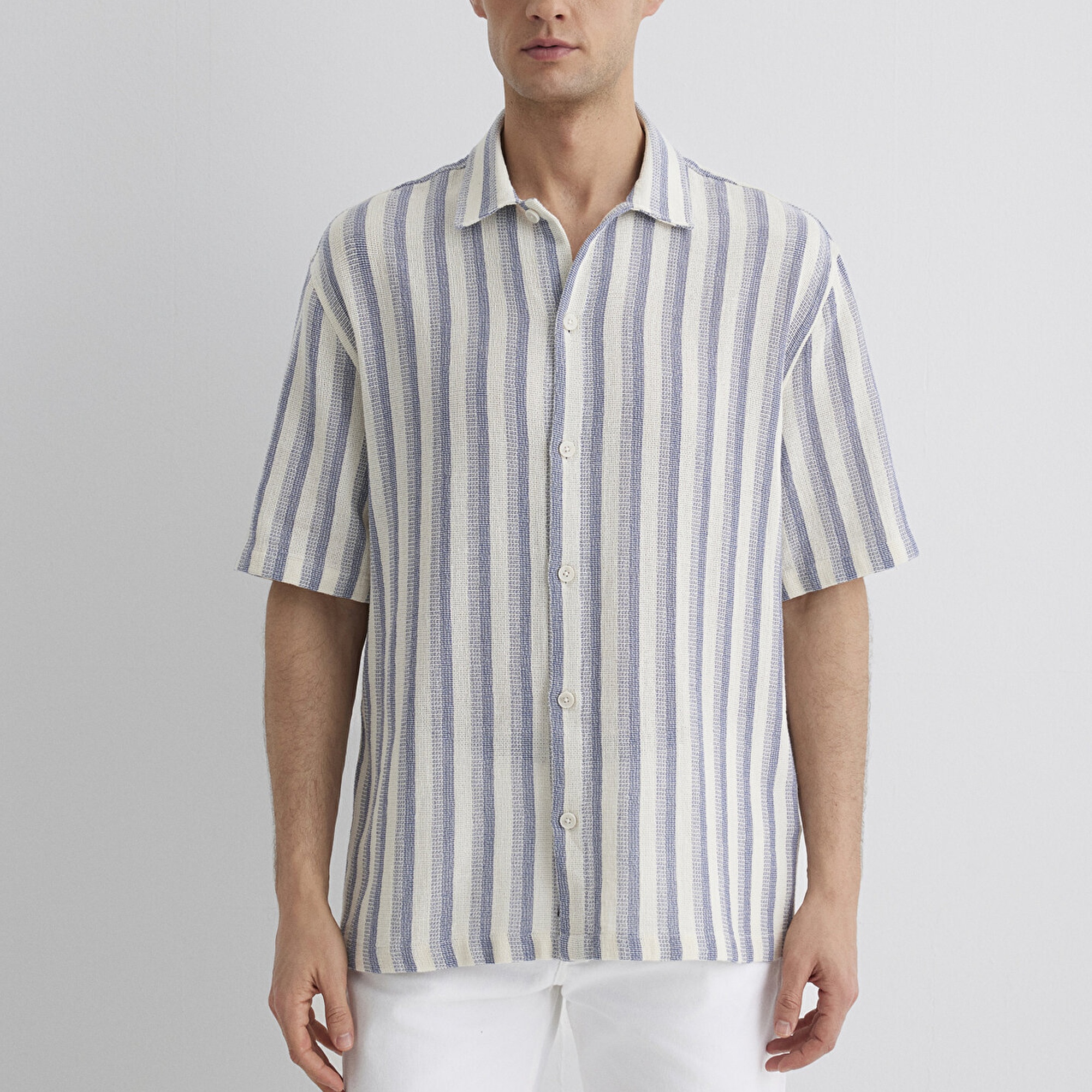 Mavi Çizgili Ekru Gömlek Loose Fit / Bol Rahat Kesim 0211540-70055