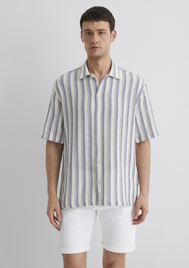 Mavi Çizgili Ekru Gömlek Loose Fit / Bol Rahat Kesim 0211540-70055