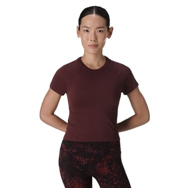  Sweaty Betty Athlete Crop Seamless Workout Kadın Bordo Fitness Tişört