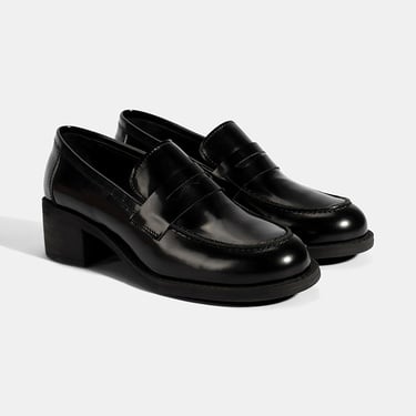  Kadın Siyah Topuklu Deri Loafer