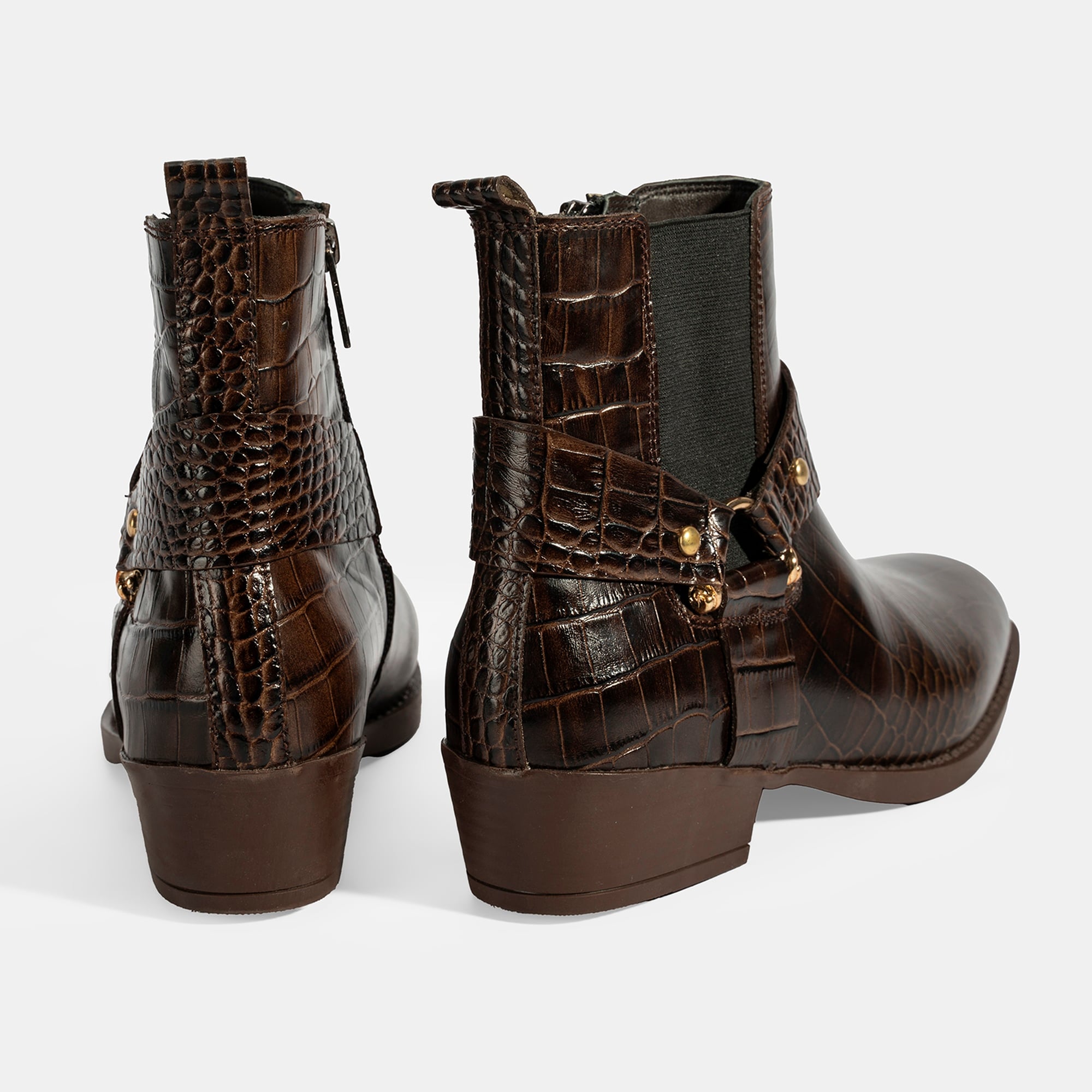 Kadın Kahve Kroko Baskılı Lastik Detaylı Deri Bot