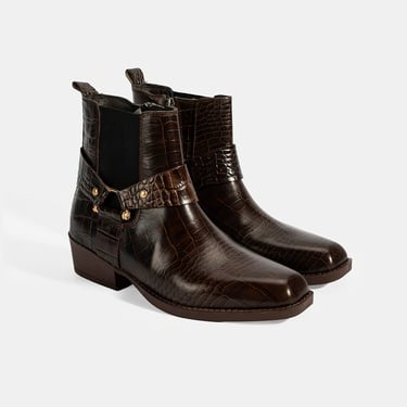  Kadın Kahve Kroko Baskılı Lastik Detaylı Deri Bot