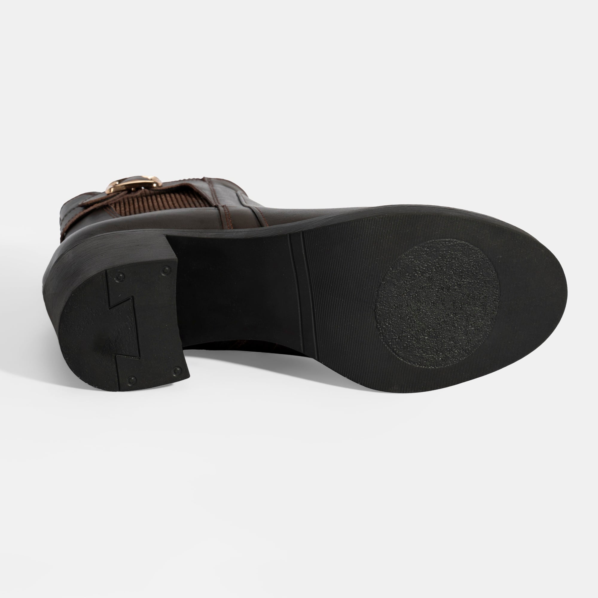 Kadın Kahve Metal Toka Detaylı Topuklu Deri Bot