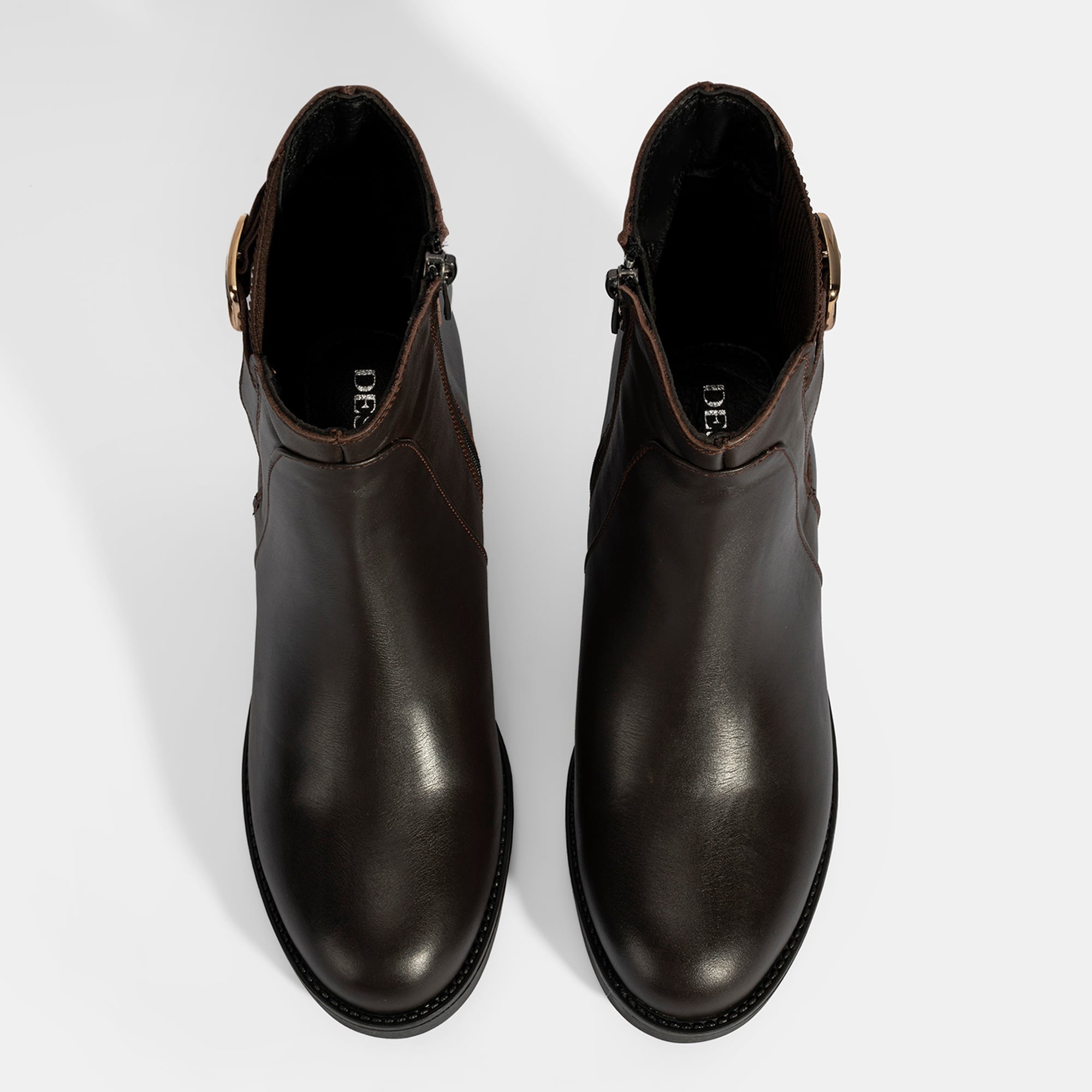 Kadın Kahve Metal Toka Detaylı Topuklu Deri Bot