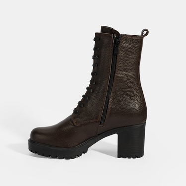  Kadın Kahve Bağcıklı Kalın Topuklu Deri Bot