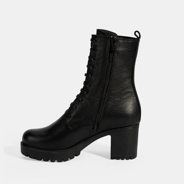  Kadın Siyah Bağcıklı Kalın Topuklu Deri Bot